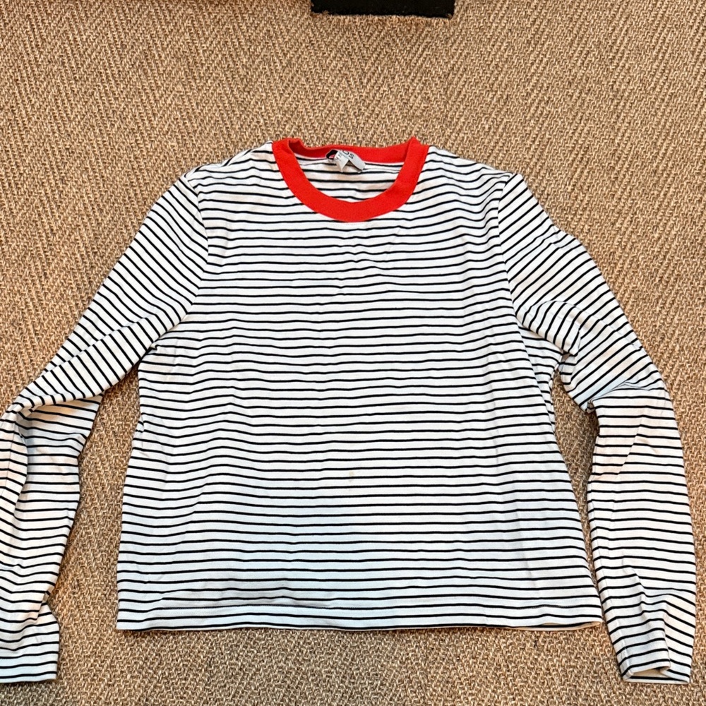 COS White and Black Striped Long Sleeve Tee with Red Neckline